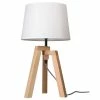 Steinhauer Dreibein Tischleuchte aus Holz, TRIPOD Holzgestell Birke weißer Stoffschirm, E27 15 Watt LED max.