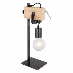 GLOBO E27 Tischleuchte aus Holz schwarzes Textilkabel mit Schraubzwinge als Deko Tischlampe schwarz und hell Schalter