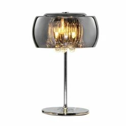 Trio Edle Tischleuchte in Chrom mit brilliantem Kristallbehang, chrombedampftes Glas, Höhe 36cm