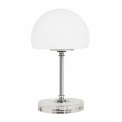 Steinhauer elegante Tischleuchte mit halbrundem Glasschirm, Fuß chrom/silber, dimmbar per Touchdimmer, inkl. LED 5W