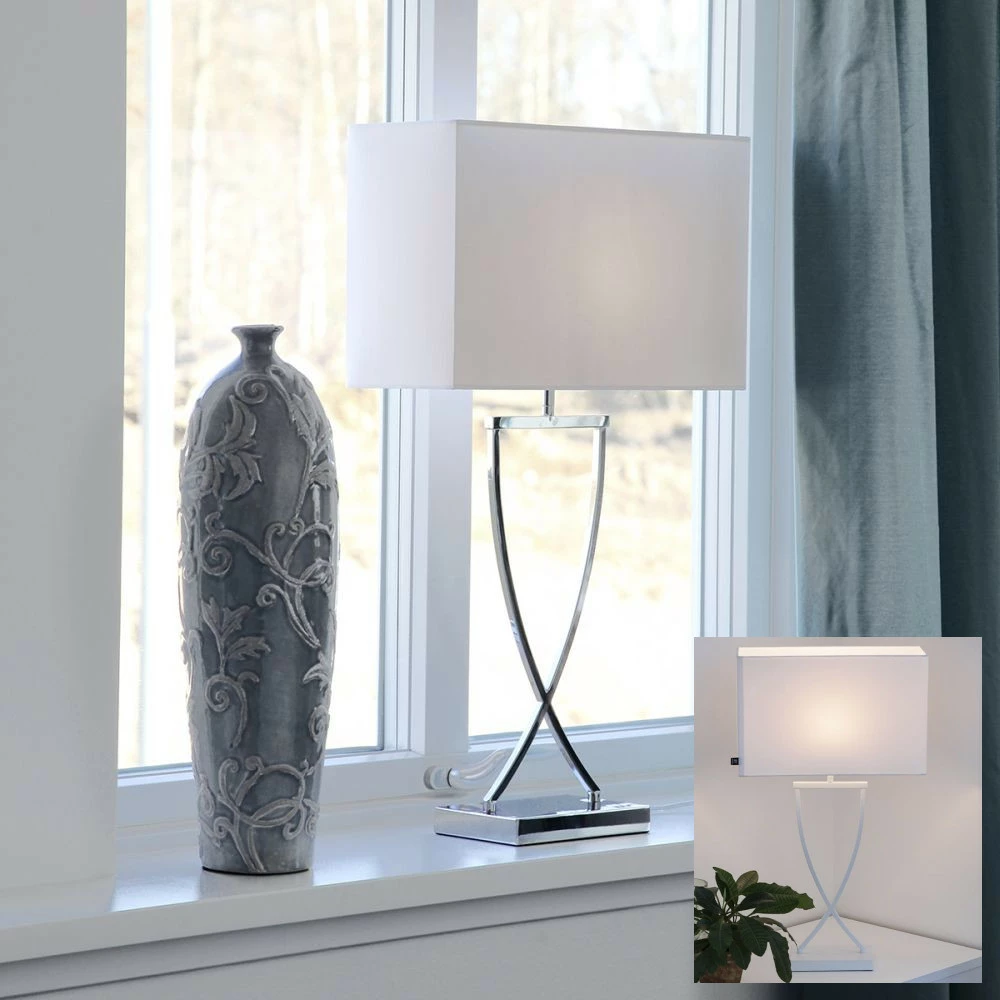 By Rydens elegante Tischleuchte mit Stoffschirm, weiß oder chrom/ silber, mit Schalter, E27, modern 3 By Rydens elegante Tischleuchte mit Stoffschirm, weiß oder chrom/ silber, mit Schalter, E27, modern