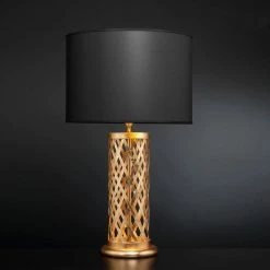 FERRO LUCE Elegante Tischleuchte - Blattgold mit Stofflampenschirm in Schwarz - Höhe 80 cm