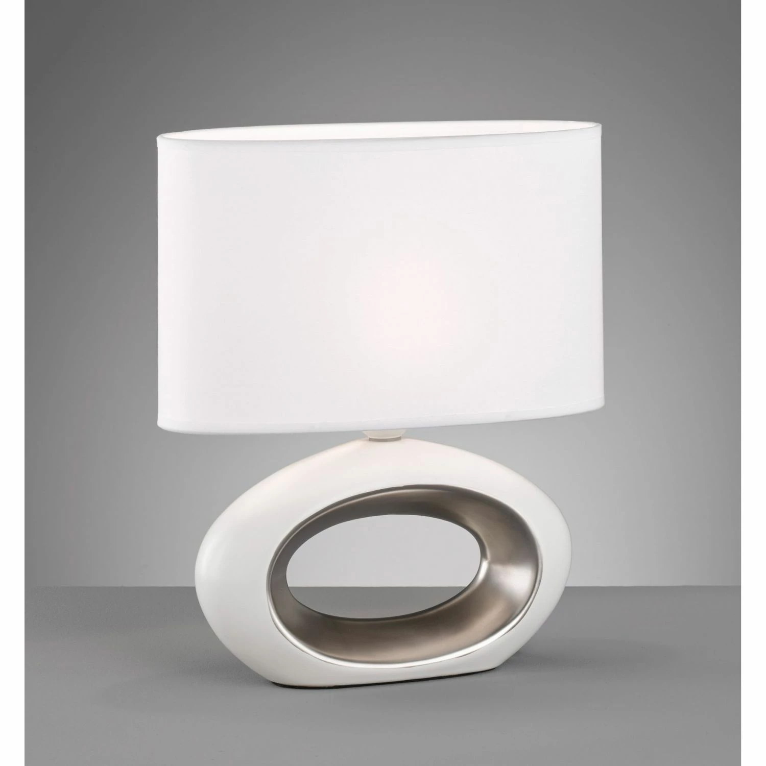 Fischer & Honsel ovale E14 Tischleuchte mit Stoffschirm aus Keramik chrom abgesetzter Ring in 2 Größen 4 Fischer & Honsel ovale E14 Tischleuchte mit Stoffschirm aus Keramik chrom abgesetzter Ring in 2 Größen – Bild 2