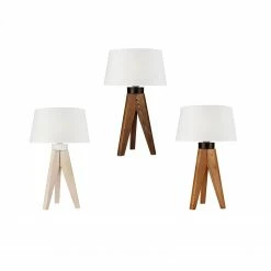 LHG Lights Skandinavische Tripod Holz Tischleuchte mit Stoffschirm in 3 Holzfarben