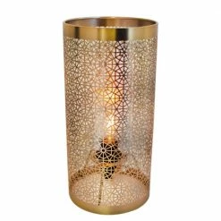 By Rydens Tischleuchte aus Messing, gold, Zylinder, Blumenmuster ausgeschnitten, E14