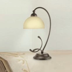 LAM Tischleuchte im Landhaus Stil - Dunkelbraun - Glas creme, satiniert