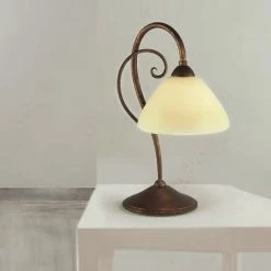 LAM Tischleuchte Landhaus-Stil - Antik-Braun mit cremefarbigem Glas