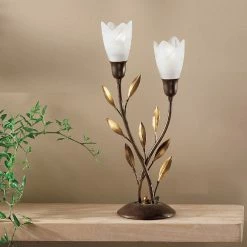 Hans Kögl Tischleuchte links oder rechts ausgerichtet mit gold patinierten Blättern und Alabastergläsern