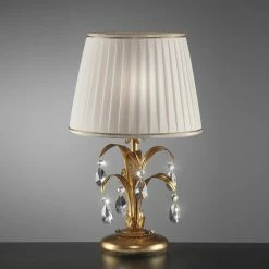 FERRO LUCE Tischleuchte mit Kristallbehang - Blattgold - Stofflampenschirm